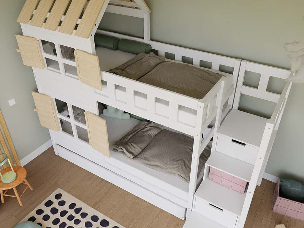 Holz Etagenbett HOLIDAY mit kurzem Dach 90x200 cm, versch. Farben - gemütliches Kinderzimmer Bett mit Ferienhaus-Design.