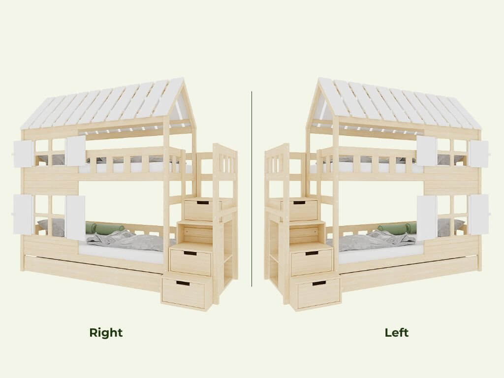 Holz Etagenbett HOLIDAY 90x200 cm – Kindgerechtes Hochbett im Ferienhaus-Stil, Ansicht von links und rechts.