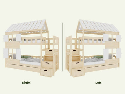Holz Etagenbett HOLIDAY 90x200 cm – Kindgerechtes Hochbett im Ferienhaus-Stil, Ansicht von links und rechts.