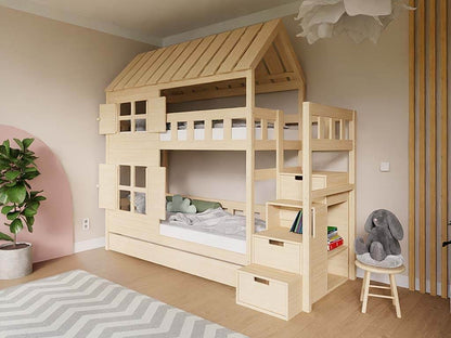 Holz Etagenbett HOLIDAY 90x200 cm für Kinderzimmer mit Dach und Fenstern.