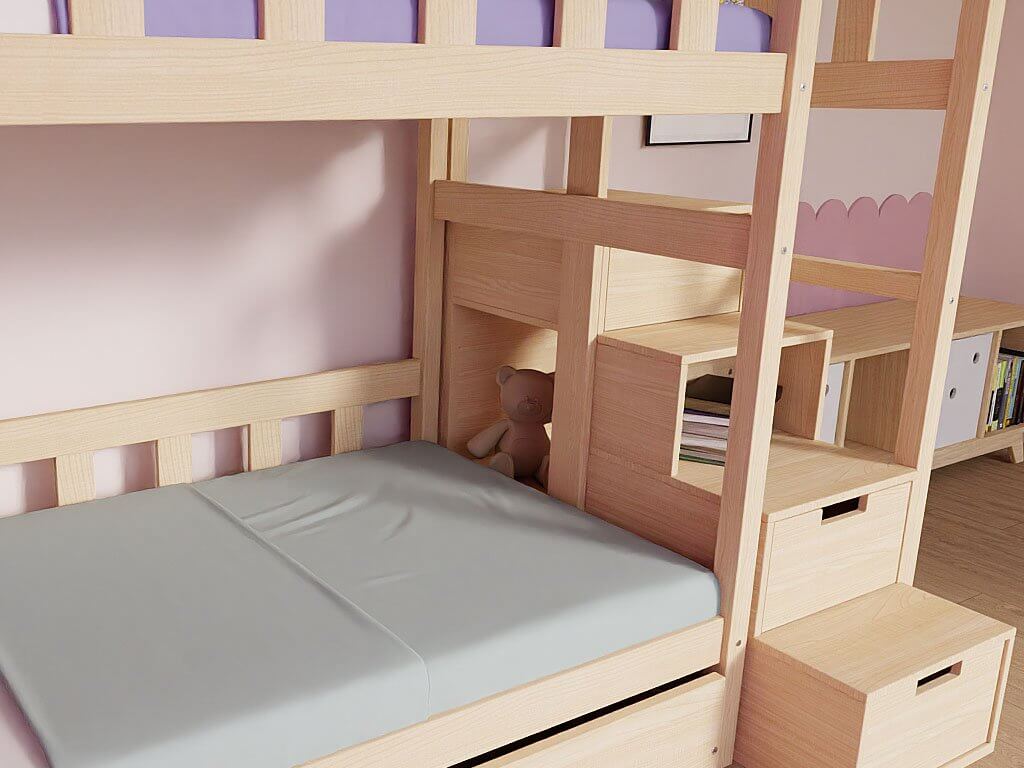 Holz Etagenbett HOLIDAY 90x200 cm - gemütliches Kinderbett mit Spielhaus-Design und Stauraum.