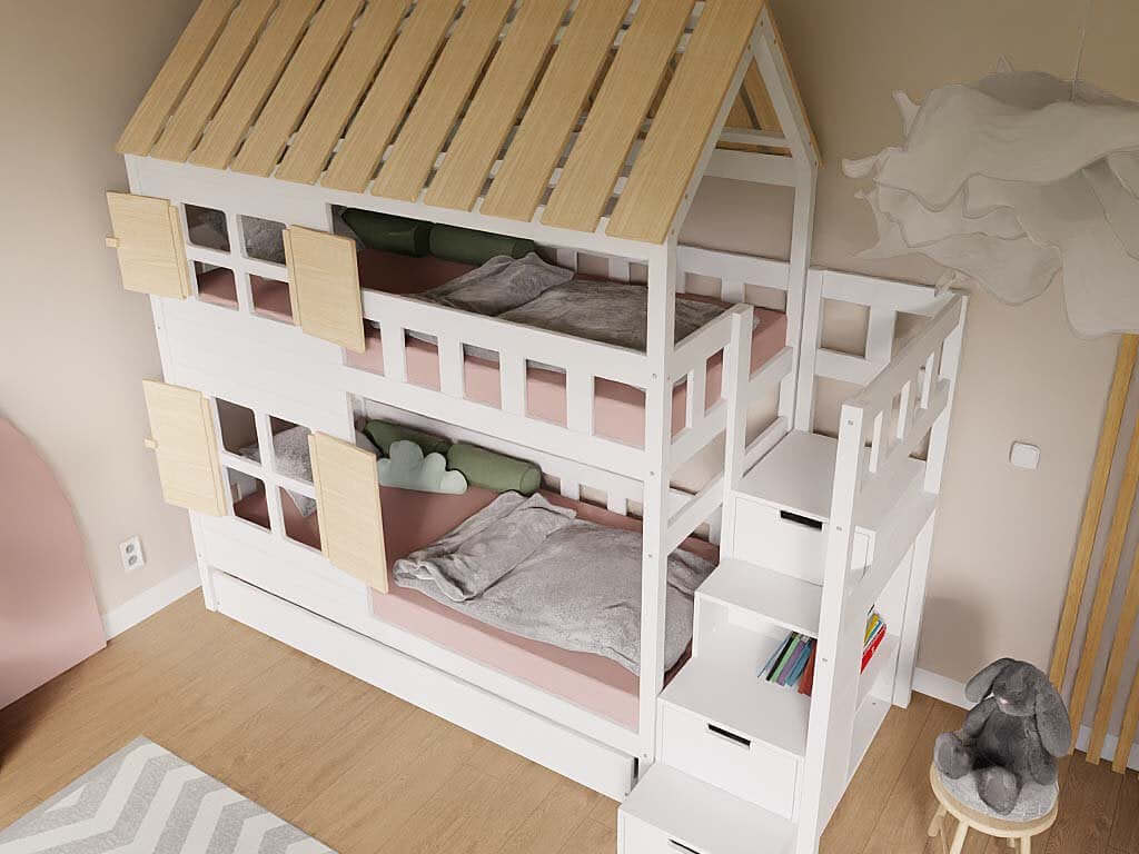 Holz Etagenbett HOLIDAY 90x200 cm – gemütliches Ferienhaus für Kinderzimmer mit Dach und Fensterläden.