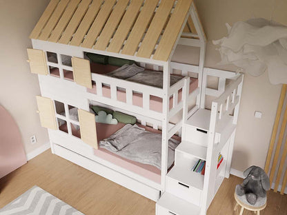 Holz Etagenbett HOLIDAY 90x200 cm – gemütliches Ferienhaus für Kinderzimmer mit Dach und Fensterläden.