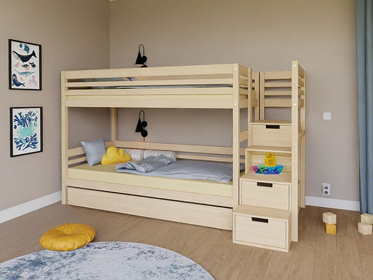 Holz Etagenbett Loni mit Regalstufen, versch. Farben & Zubehör im Kinderzimmer mit Stauraum.