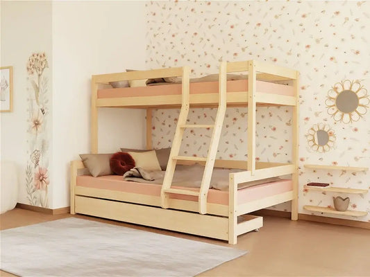 Houten stapelbed NIKA met ladder vooraan voor 3 personen, diverse kleuren & accessoires