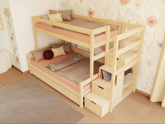 Houten stapelbed NIKA met opbergtreden voor 3 personen, diverse kleuren en accessoires