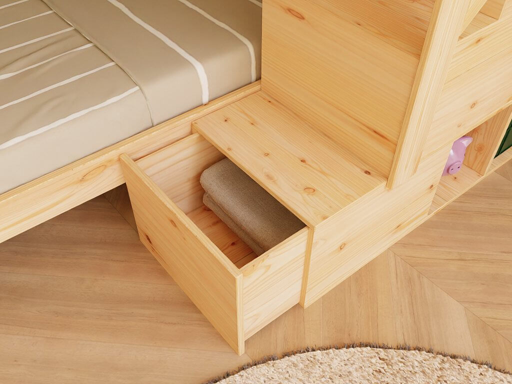 Holz Etagenbett THEA mit Stufenregal vorne - praktischer Stauraum für Kinderzimmer mit Kiefernholz
