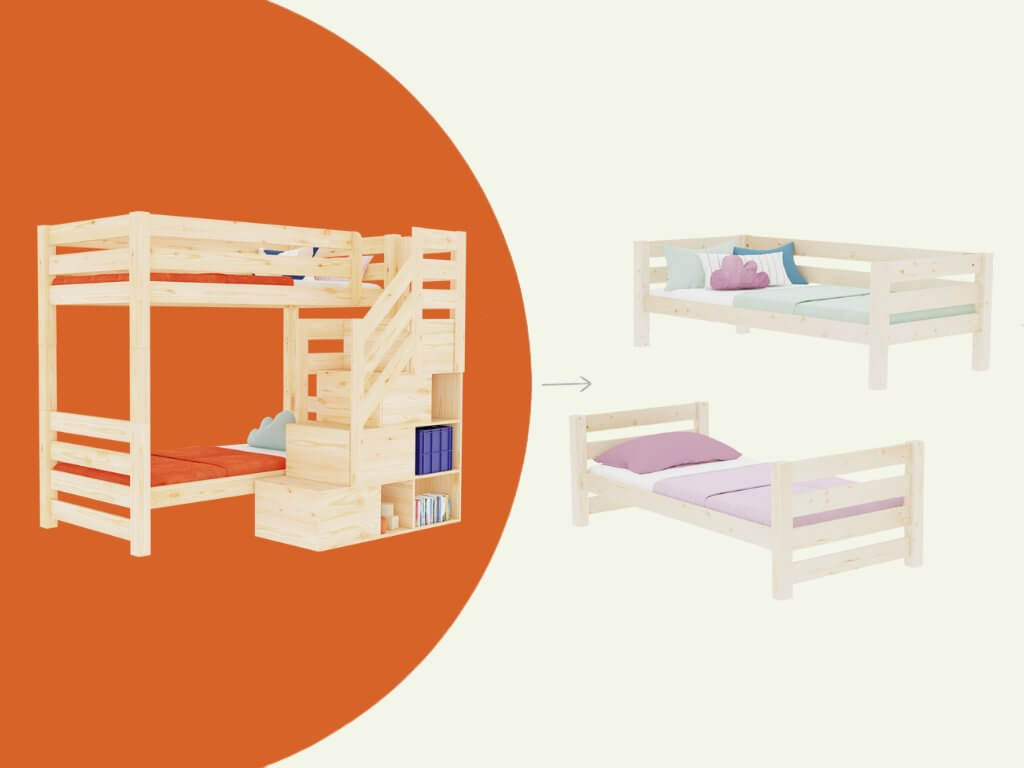 Holz Etagenbett THEA mit Stufenregal vorne – stylisches, platzsparendes Kinderbett mit Treppe und Umwandlungsoption.