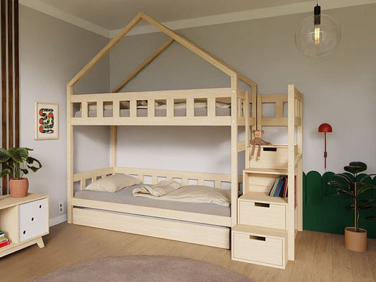 Houten huis stapelbed ELA met planktreden, div. kleuren & accessoires, 90 x 200 cm