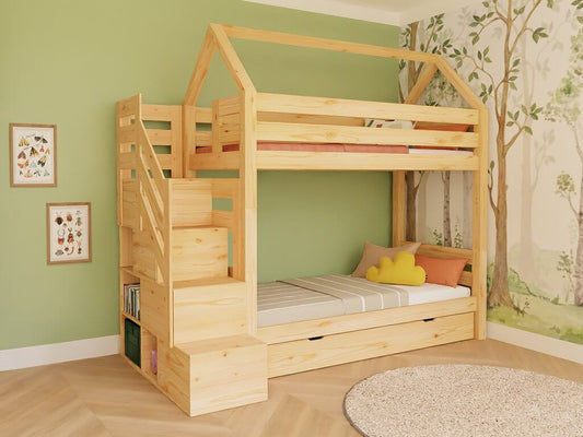 Holz Haus Etagenbett Thea mit Regal – stilvolles Kinderzimmermöbel in Kiefernholz mit Regalstufen.