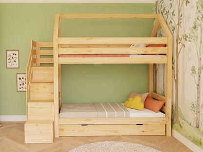Holz Haus Etagenbett Thea mit Regal – modernes, platzsparendes Etagenbett aus Kiefernholz für Kinderzimmer.