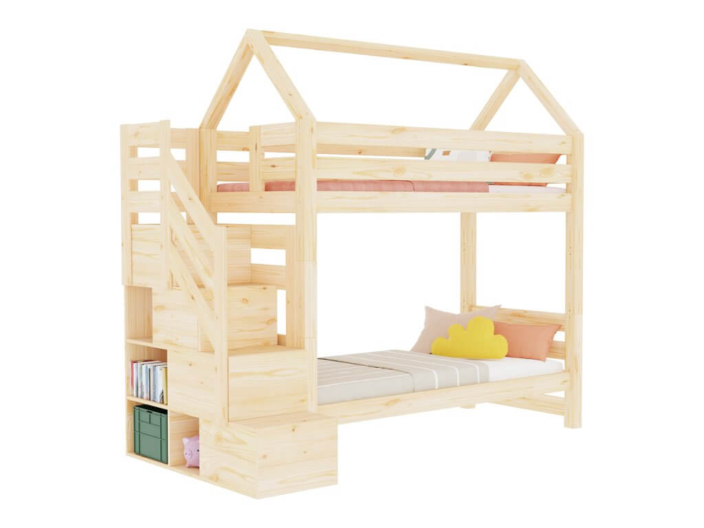 Holz Haus Etagenbett Thea mit Regal – modernes, stabiles Kinderbett aus Kiefernholz mit Regalstufen.