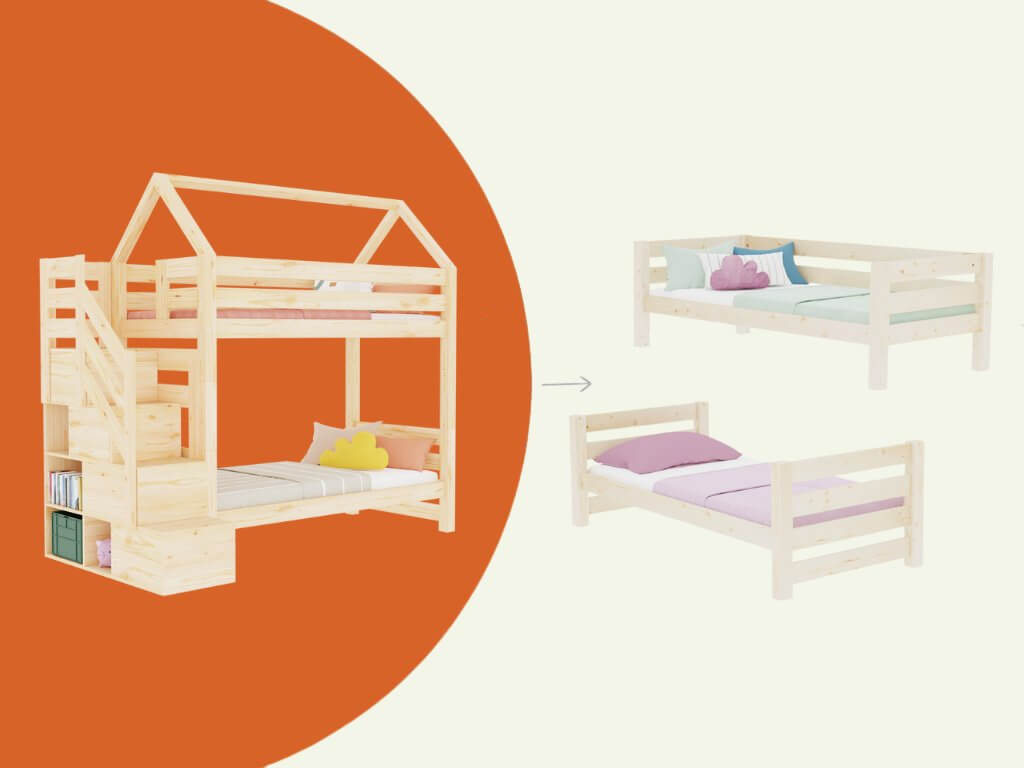 Holz Haus Etagenbett Thea mit Regal – modernes Etagenbett für Kinder mit Regalstufen und Umbauoptionen.
