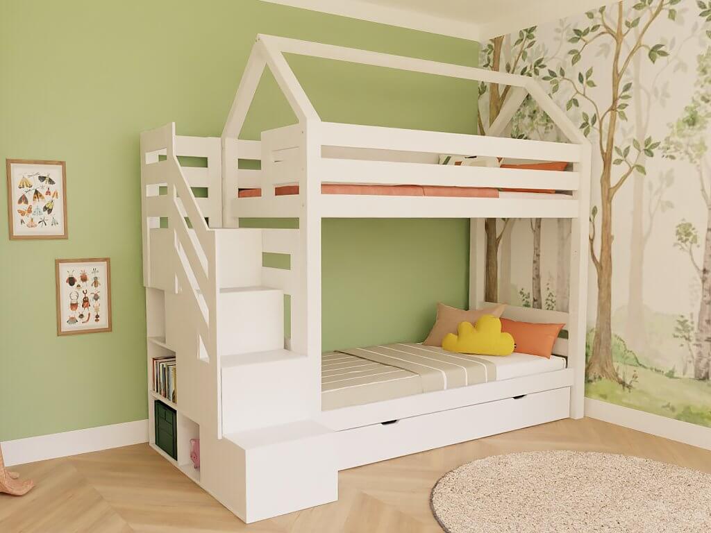 Holz Haus Etagenbett Thea mit Regal in weißem Design für das Kinderzimmer.
