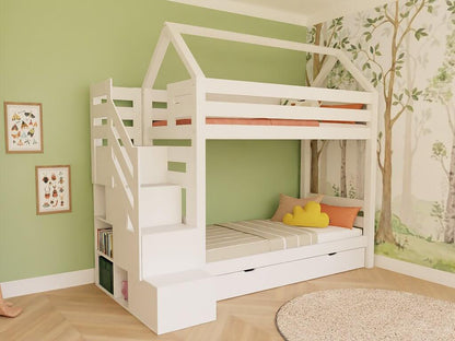 Holz Haus Etagenbett Thea mit Regal in weißem Design für das Kinderzimmer.