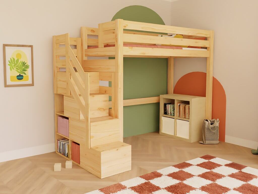 Holz Hochbett mit Stufenregal 90x200 cm in einem kreativen Kinderzimmer-Design.