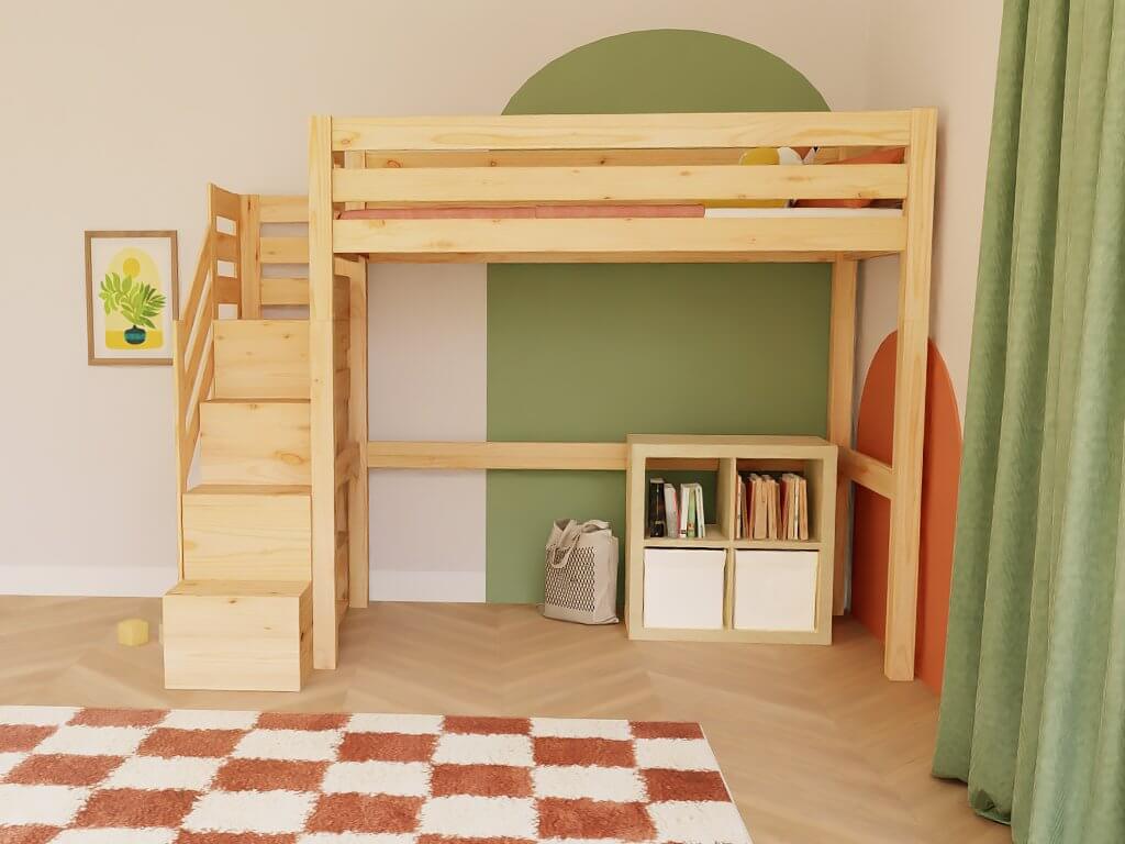 Holz Hochbett mit Stufenregal 90x200 cm im modern gestalteten Kinderzimmer mit bunten Wänden.