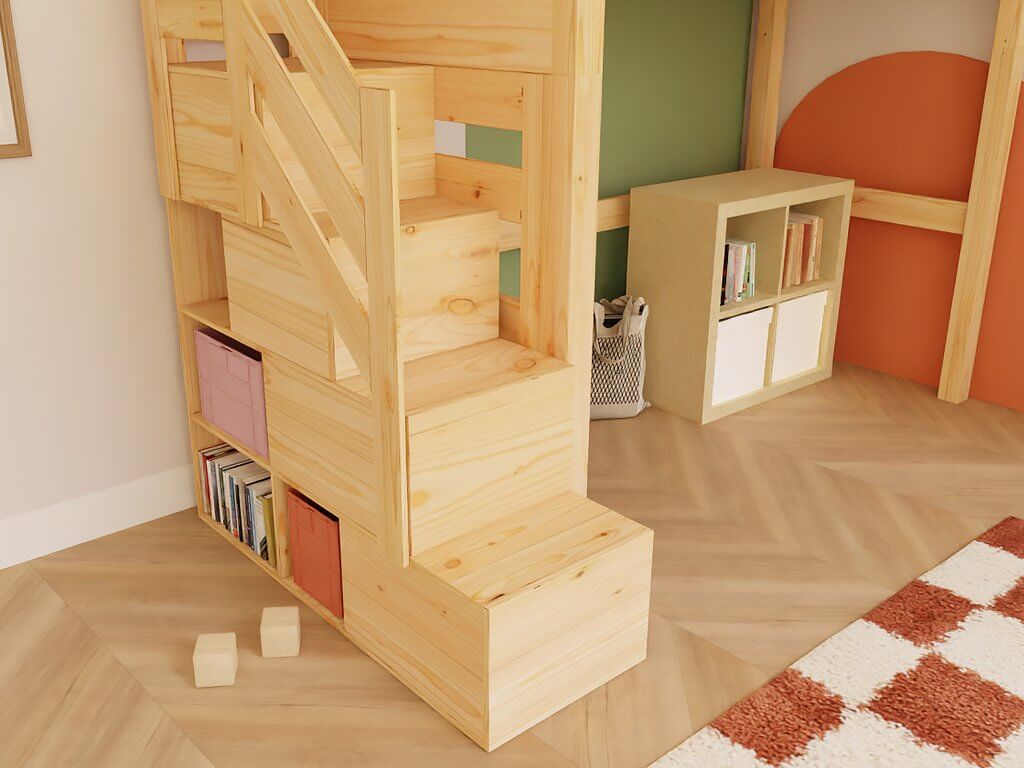 Holz Hochbett mit Stufenregal 90x200 cm - detailierte Sicht auf Treppe und Stauraum im Kinderzimmer.