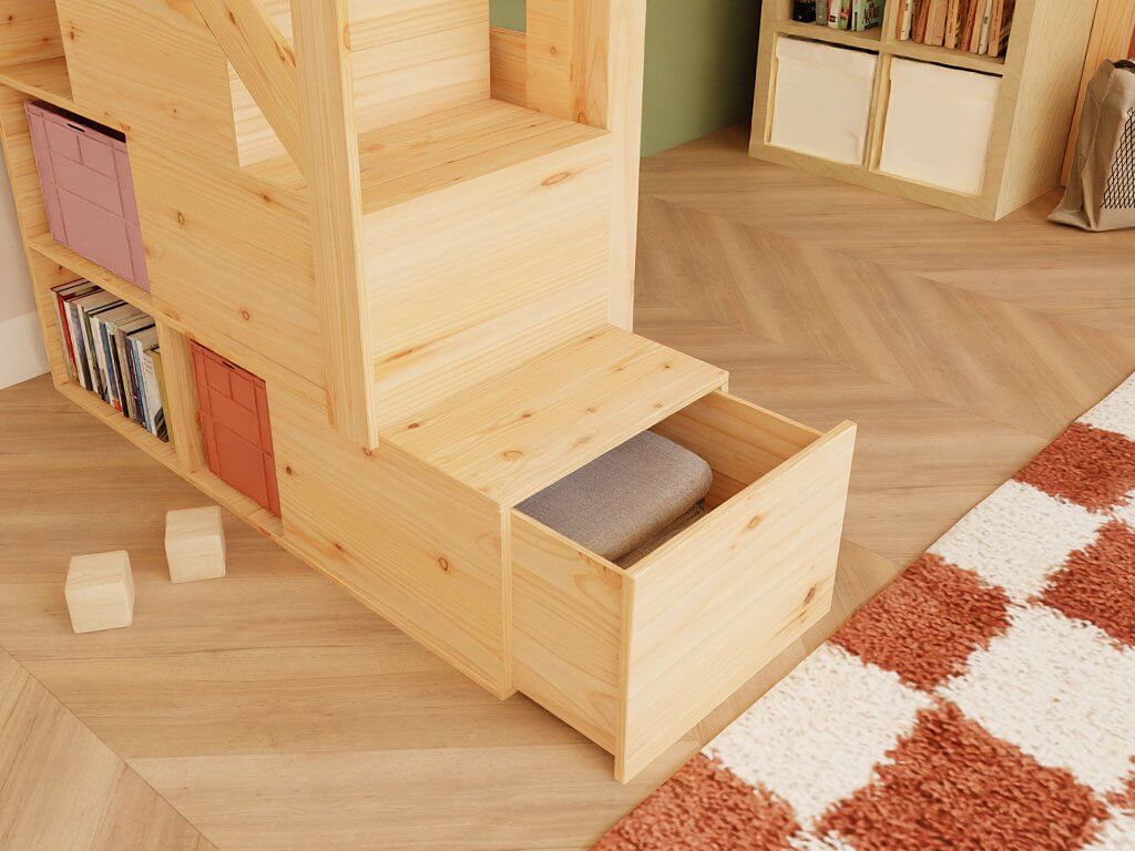 Holz Hochbett mit Stufenregal 90x200 cm - detail of storage drawer in wooden bunk bed
