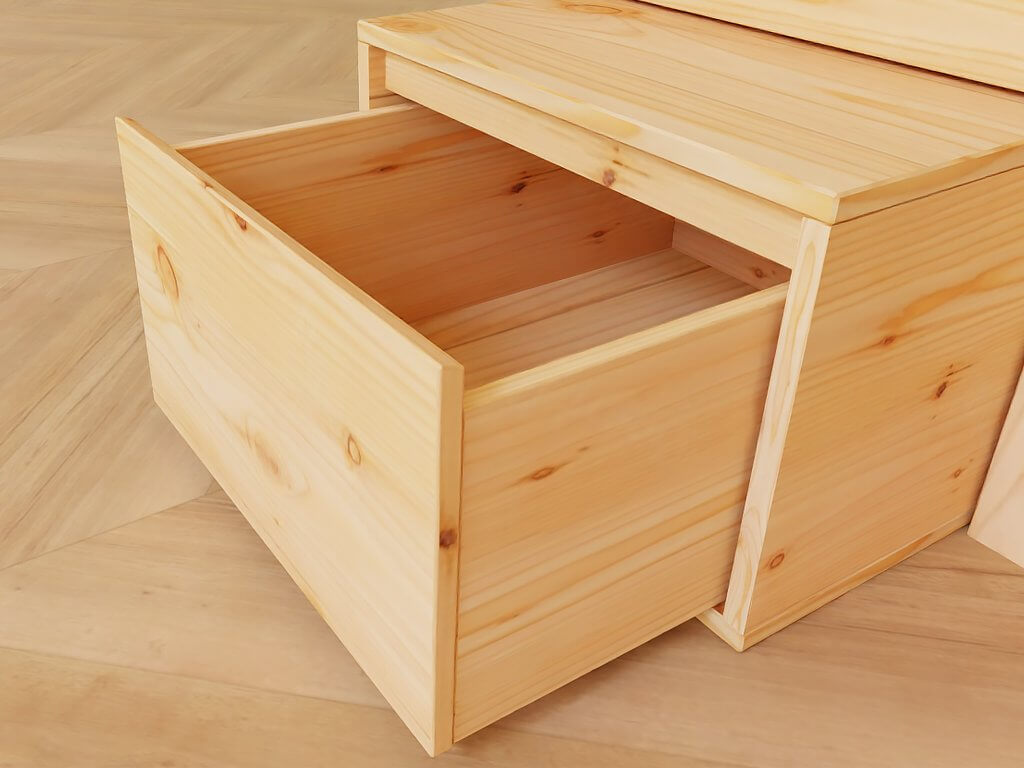 Detailansicht des Holz Hochbett mit Stufenregal und Schreibtisch 90x200 cm – Schublade aus Kiefernholz geöffnet.