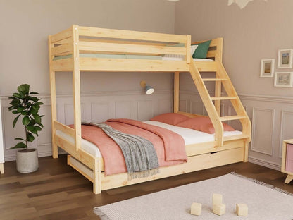 Houten stapelbed HANNES voor 3 personen, 90x200 cm & 140x200 cm, diverse kleuren