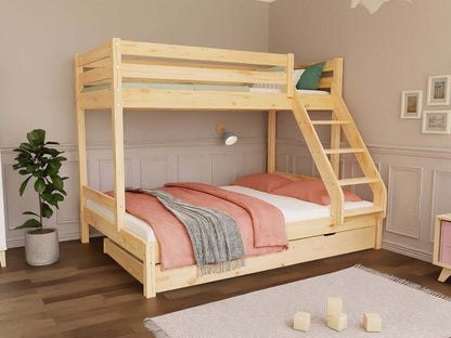 Houten stapelbed HANNES voor 3 personen, 90x200 cm & 140x200 cm, diverse kleuren