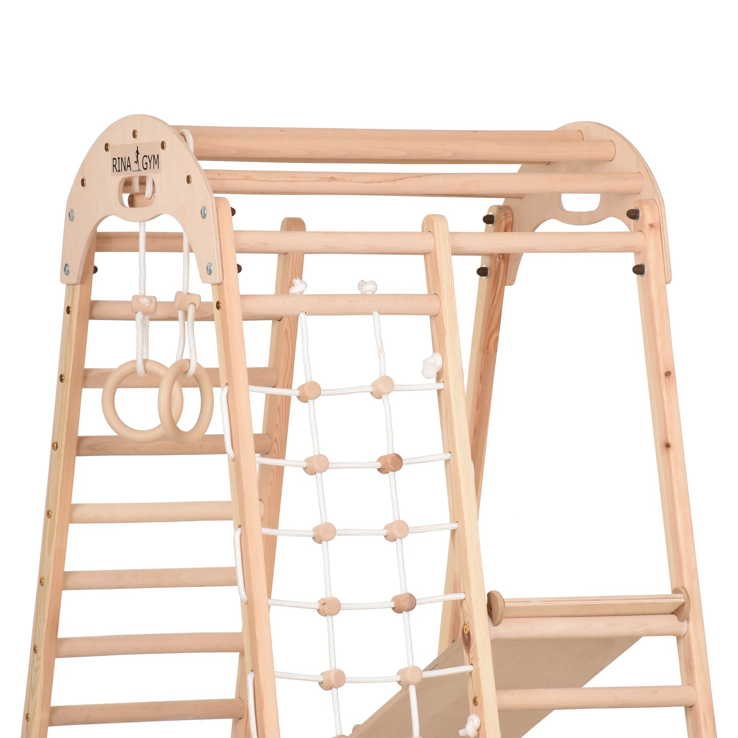 Binnenspeeltuin van hout - klimnet, Zweedse ladder, ringen, glijbaan