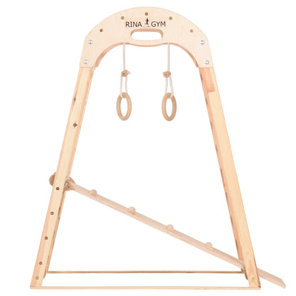 Binnenspeeltuin van hout - klimnet, Zweedse ladder, ringen, glijbaan
