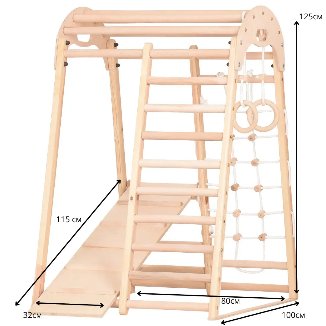 Binnenspeeltuin van hout - klimnet, Zweedse ladder, ringen, glijbaan
