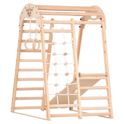 Binnenspeeltuin van hout - klimnet, Zweedse ladder, ringen, glijbaan