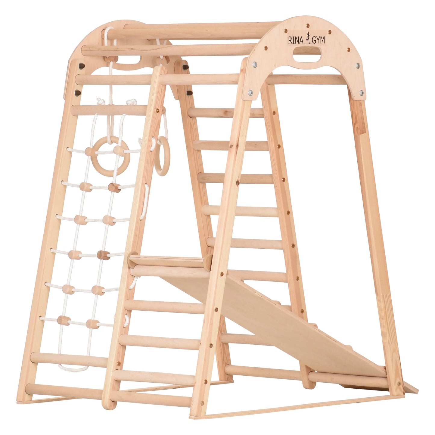 Binnenspeeltuin van hout - klimnet, Zweedse ladder, ringen, glijbaan