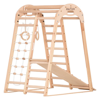 Binnenspeeltuin van hout - klimnet, Zweedse ladder, ringen, glijbaan