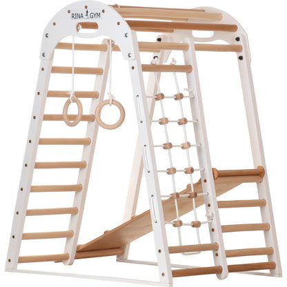 Binnenspeeltuin wit van hout - klimnet, zweedse ladder, ringen, glijbaan