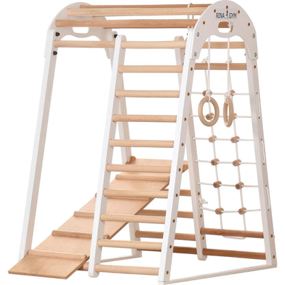 Binnenspeeltuin wit van hout - klimnet, zweedse ladder, ringen, glijbaan