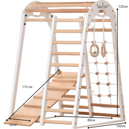 Binnenspeeltuin wit van hout - klimnet, zweedse ladder, ringen, glijbaan