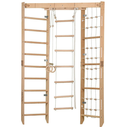 Kinder Eck-Kletterwand aus Holz, versch. Farben – Kletternetz, Sprossenwand, Seilleiter und Ringe für Kinder.