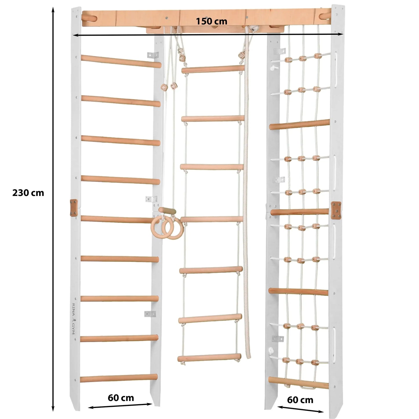 Kinder Eck-Kletterwand aus Holz, versch. Farben mit Sprossenwand, Seilleiter und Ringen