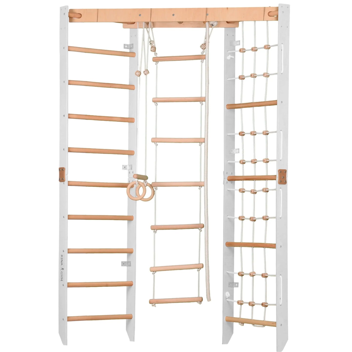 Kinder Eck-Kletterwand aus Holz, versch. Farben – spannende Kletterwand für Kinder Ecke mit Sprossenwand und Gymnastikringen.