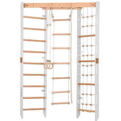 Kinder Eck-Kletterwand aus Holz, versch. Farben – spannende Kletterwand für Kinder Ecke mit Sprossenwand und Gymnastikringen.