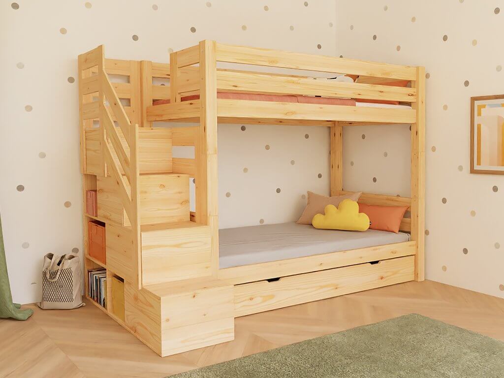 Holz Etagenbett Thea mit Stufenregal – praktische und platzsparende Schlaflösung für Kinderzimmer