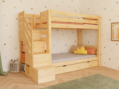 Holz Etagenbett Thea mit Stufenregal – praktische und platzsparende Schlaflösung für Kinderzimmer