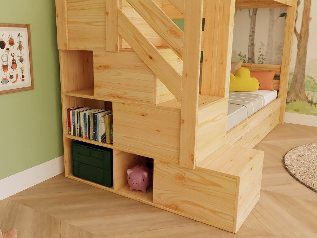Holz Etagenbett Thea mit Stufenregal - detail der praktischen Regalstufen für Kinderzimmer
