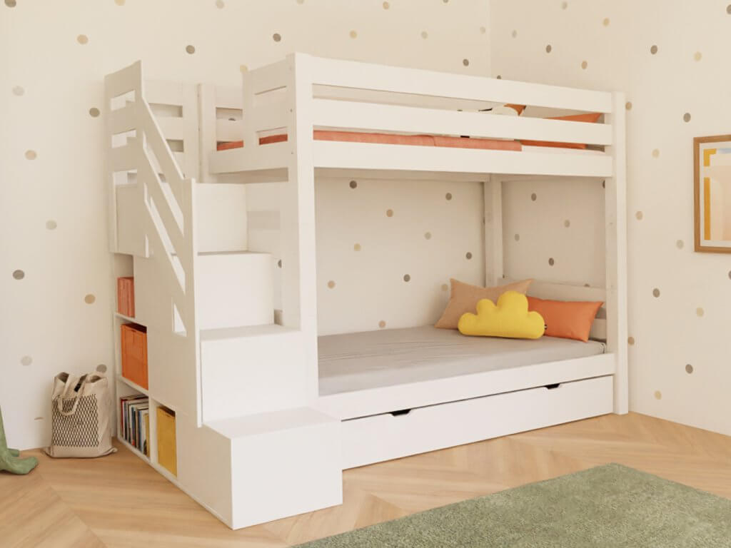Holz Etagenbett Thea mit Stufenregal für Kinderzimmer, platzsparende Schlaflösung aus Kiefernholz.