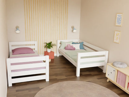 Holz Etagenbett Thea mit Stufenregal in einem stilvollen Kinderzimmer mit zwei Betten