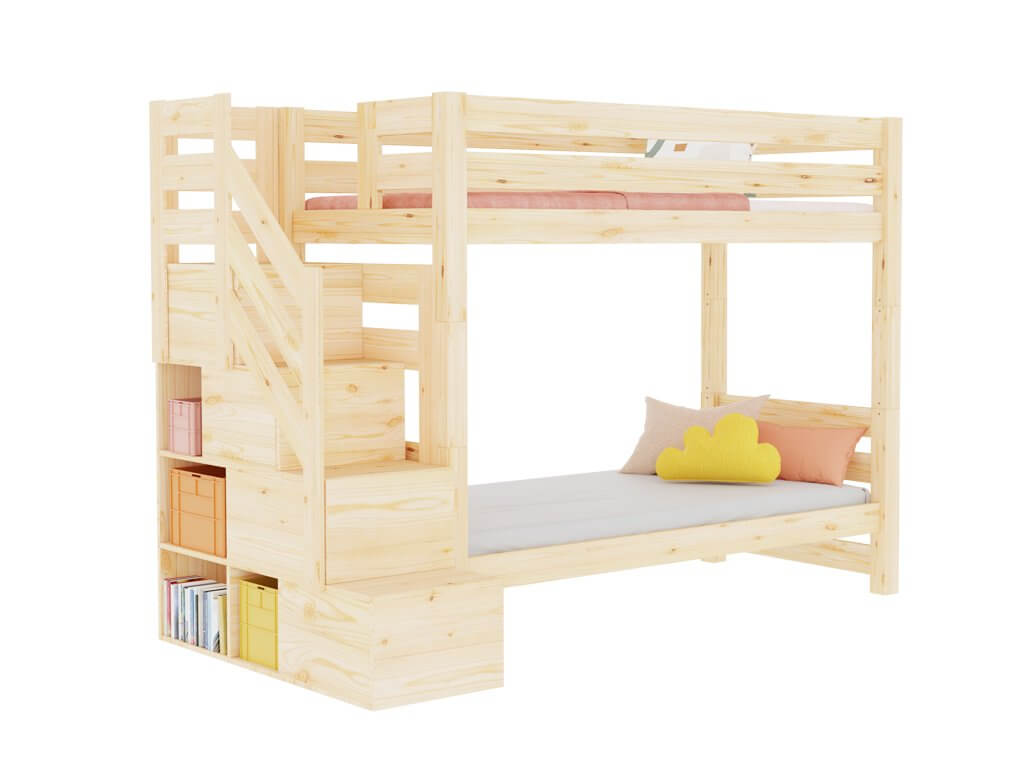 Holz Etagenbett Thea mit Stufenregal – platzsparende Schlaflösung für Kinderzimmer aus massivem Kiefernholz.
