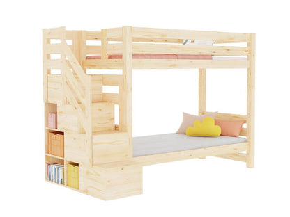 Holz Etagenbett Thea mit Stufenregal – platzsparende Schlaflösung für Kinderzimmer aus massivem Kiefernholz.