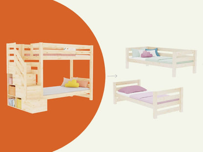 Holz Etagenbett Thea mit Stufenregal, platzsparende Schlaflösung für Kinder mit integrierten Regalen.