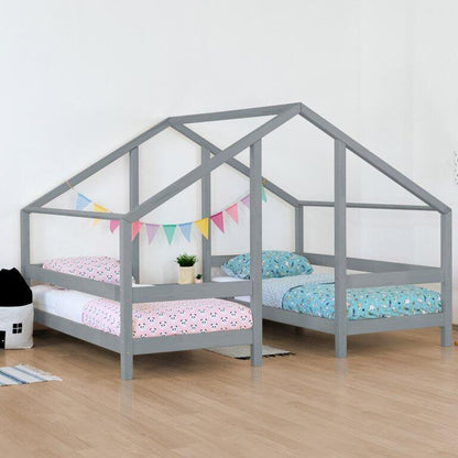 Hausbett TWIN für Zwillinge, versch. Maße & Farben – gemütliches Bett für Geschwister mit Dachstruktur.