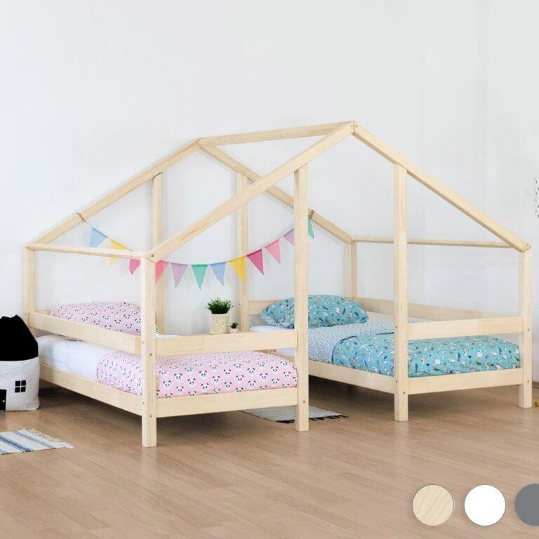 Hausbett TWIN für Zwillinge, versch. Maße & Farben, zwei Bettgestelle mit bunten Dekorationen.