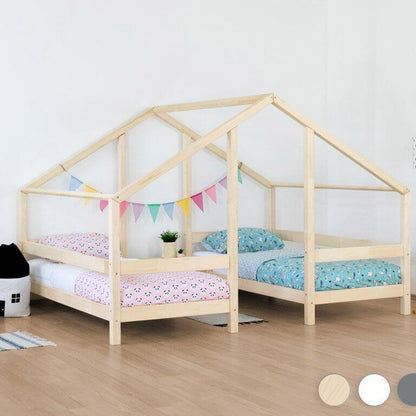 Hausbett TWIN für Zwillinge, versch. Maße & Farben, zwei Bettgestelle mit bunten Dekorationen.